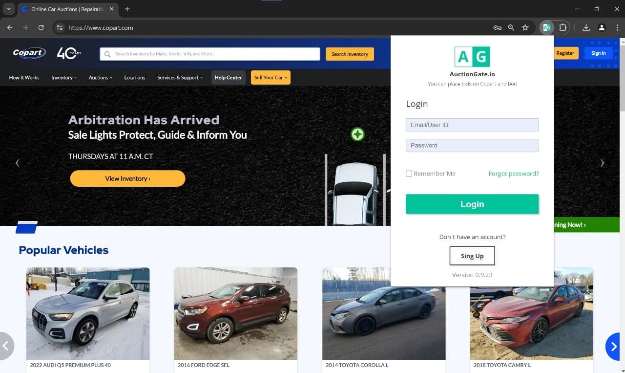 AuctionGate.io extension login panel